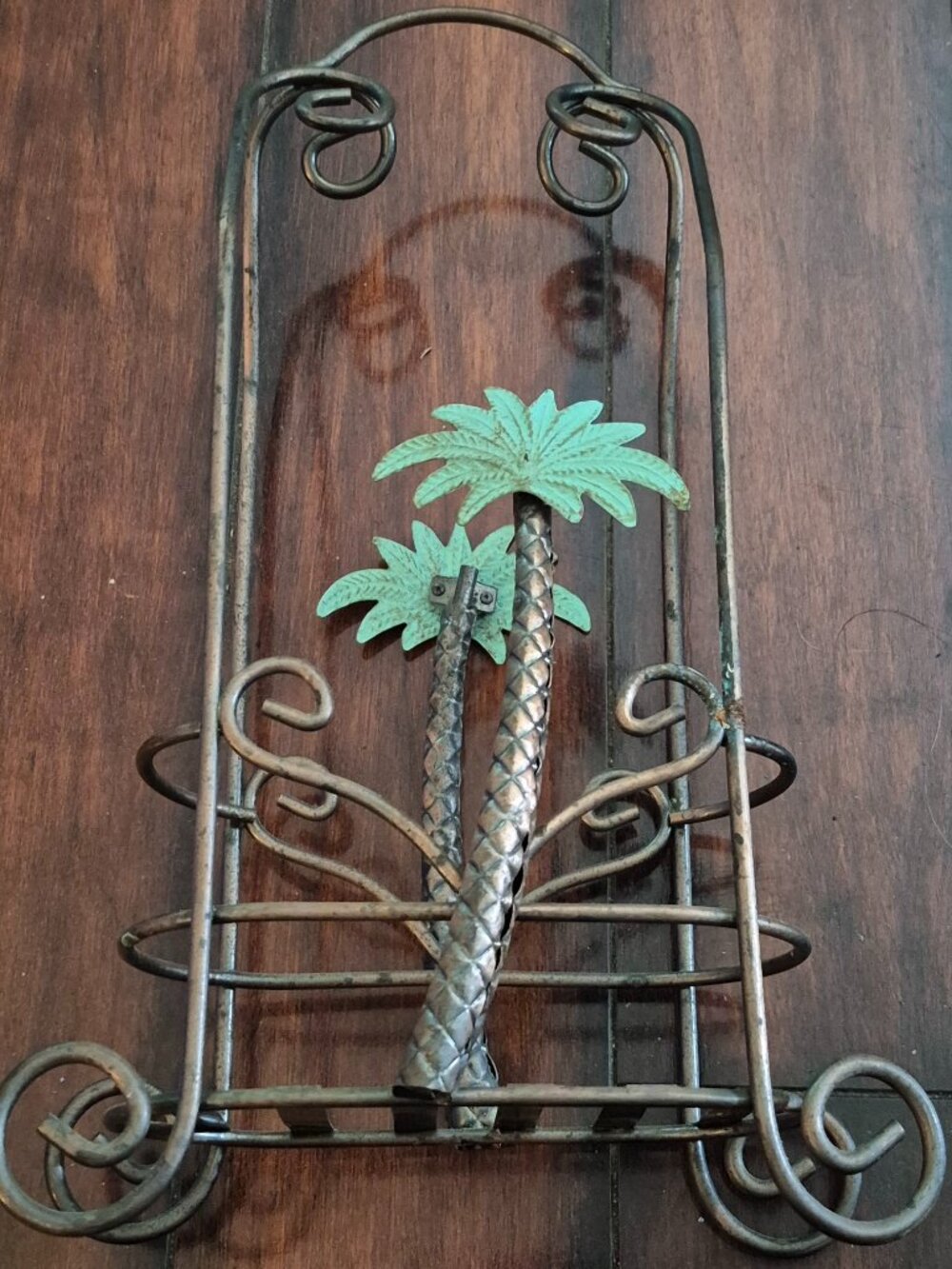 Vintage Palm Tree 2 Wine Bottle Caddy Holder Tropical Design Copper Metal VGC